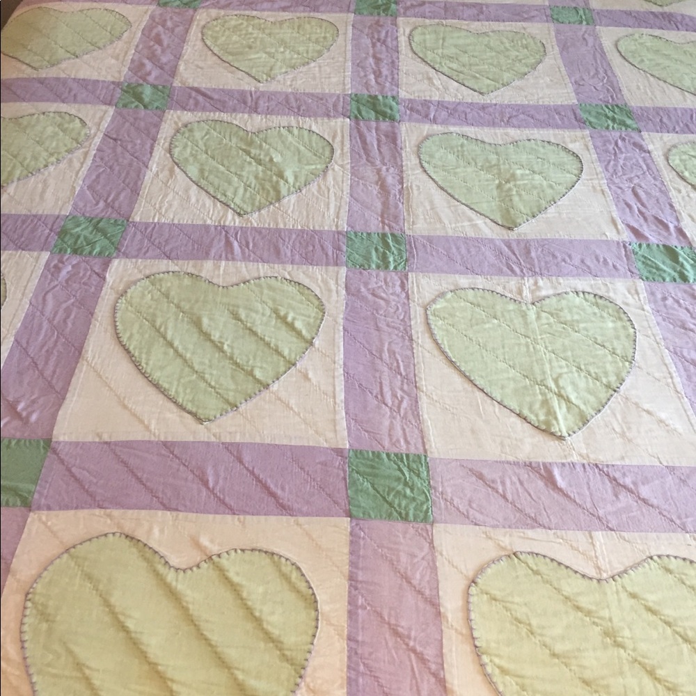 Hand Crafted Lavender and Mint Heart Patchwork Throw Quilt